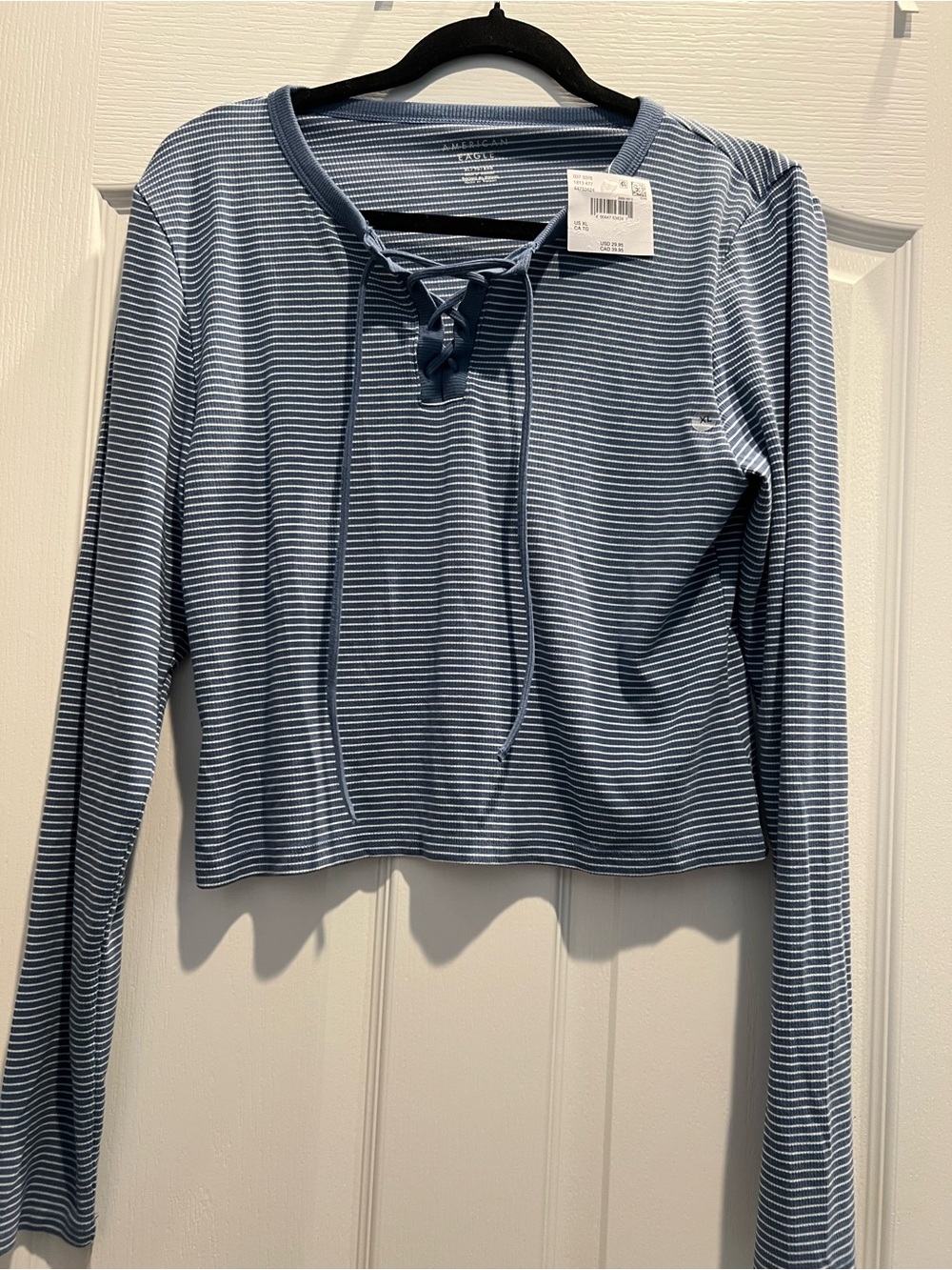 American Eagle Outfitters Blue & White Striped Lace-Up Long Sleeve Crop Top